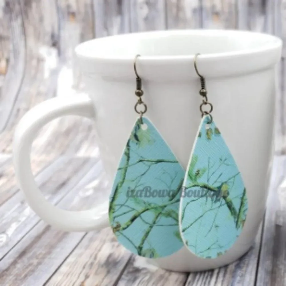 Teal Camo Faux Leather Earring  ER1646 Handmade NWT Boutique